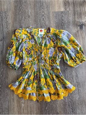 FARM RIO Capri Floral V-Neck Tropical Cotton Blouse SZ XS Capri Floral Yellow